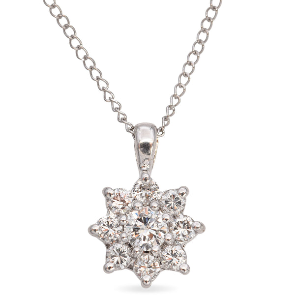 14K White Gold Floral Halo Diamond Pendant Necklace