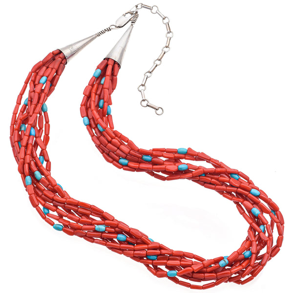 Estate Sterling Silver Red Coral & Turquoise Beaded Multi-Strand Necklace