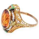 Antique 14K Yellow Gold 5.15 Ct Citrine & Pearl Enamel Cocktail Ring Size 5.5