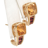 14K Yellow Gold 0.52 TCW Cushion Cut Citrine and Baguette Garnet J Hoop Earrings