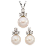 14K White Gold Pearl and Cluster Diamond Earring Set