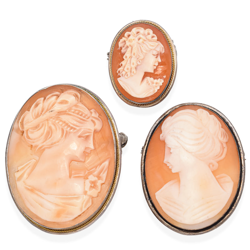 Lot of 3 Antique Silver Cameo Brooch Pendants