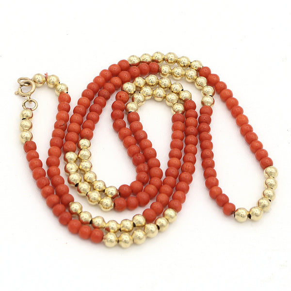 Vintage 14K Yellow Gold Red Coral Beaded Strand Necklace, 25 Inches