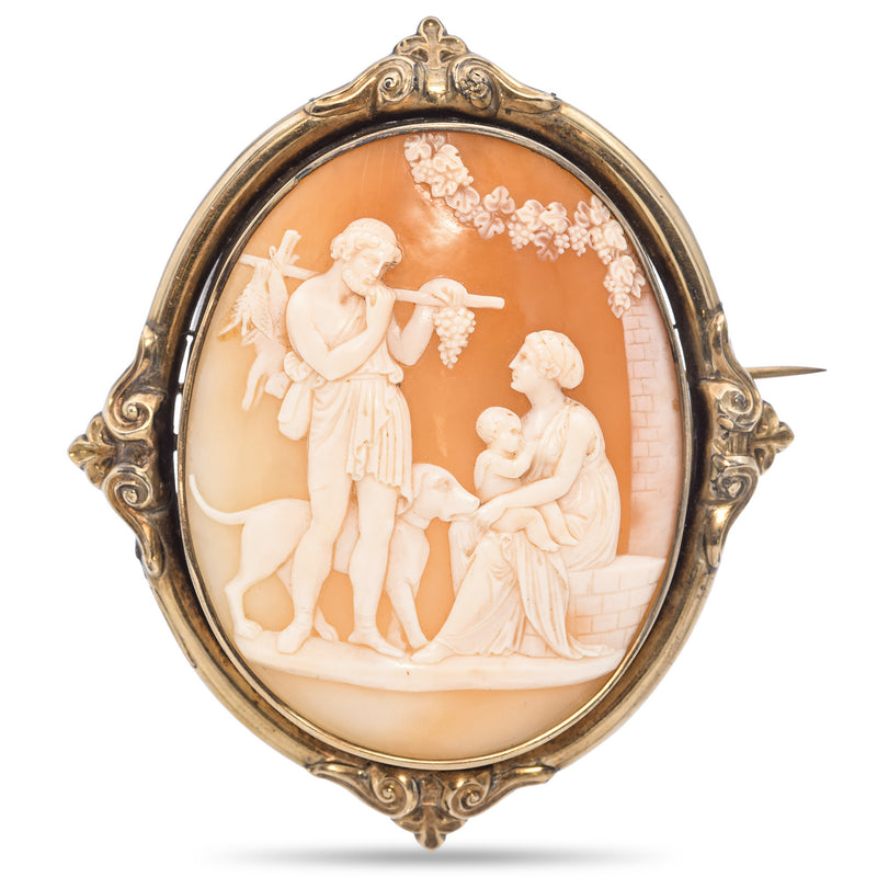 Antique Gold Cameo Husband Arriving With Catch Dog Family Waiting Brooch Pendant