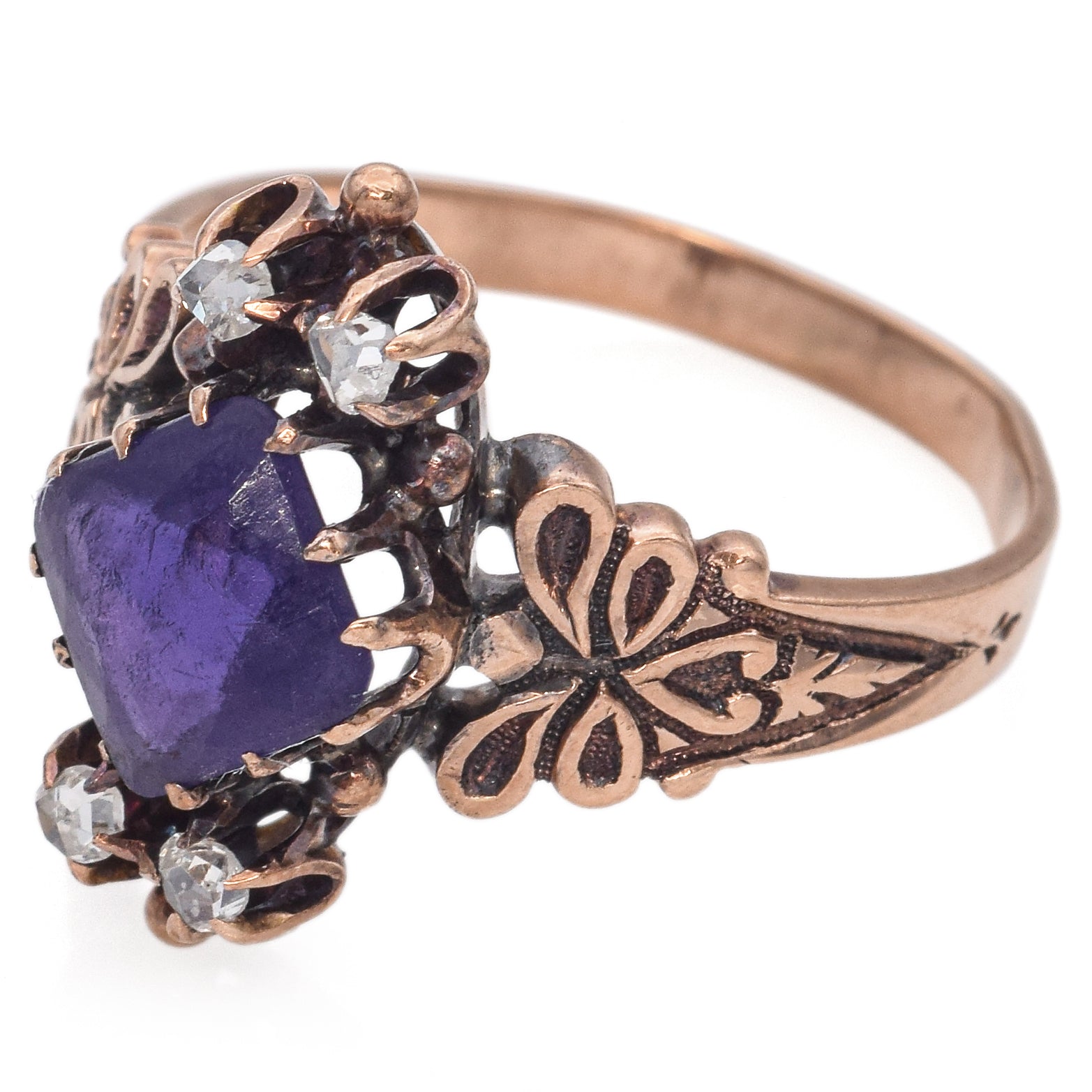 Antique 10K Rose Gold Amethyst and Rose Cut Diamond Band Ring