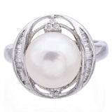 Vintage 14K White Gold Pearl & Diamond Cocktail Ring Size 4.75