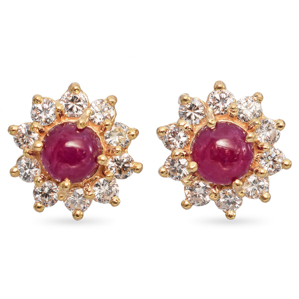 14K Yellow Gold 1.78 TCW Cabochon Ruby & Diamond Halo Stud Earrings