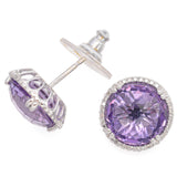 14K White Gold Checkerboard Cut 0.86 Ct. Amethyst, Diamond Halo Stud Earrings