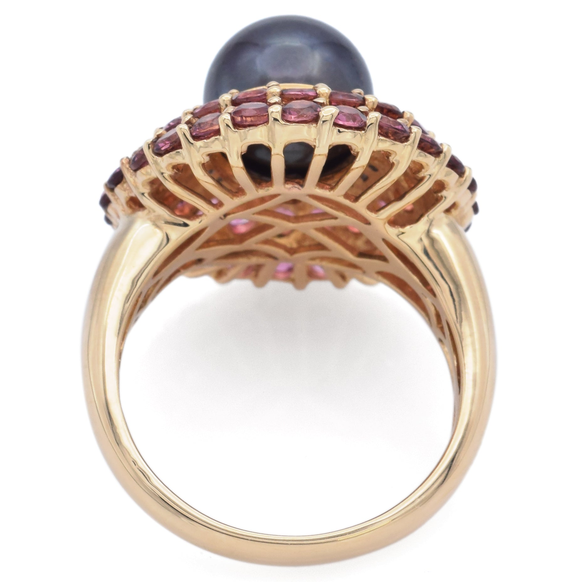 Estate 14K Yellow Gold South Sea Pearl, Rhodolite & Diamond Cocktail Ring Size 9