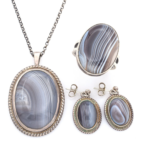 Vintage Sterling Silver Lace Agate Pendant Necklace, Ring & Earrings Set