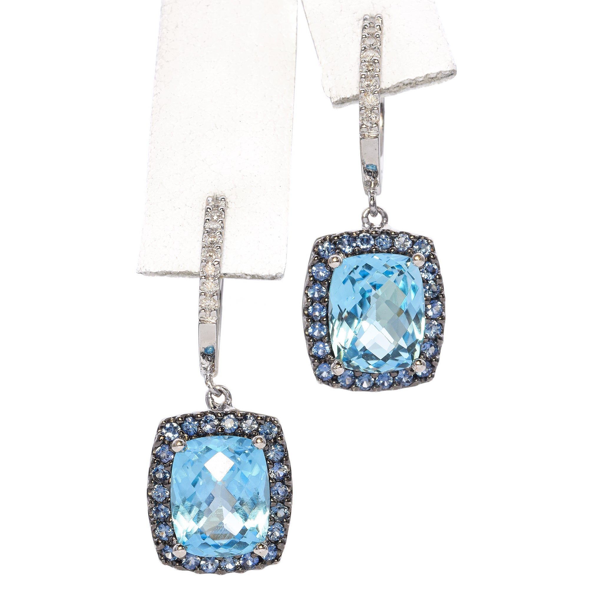 18K White Gold 7.4 Ct. Blue Topaz, Diamond, Sapphire Halo Drop Earrings