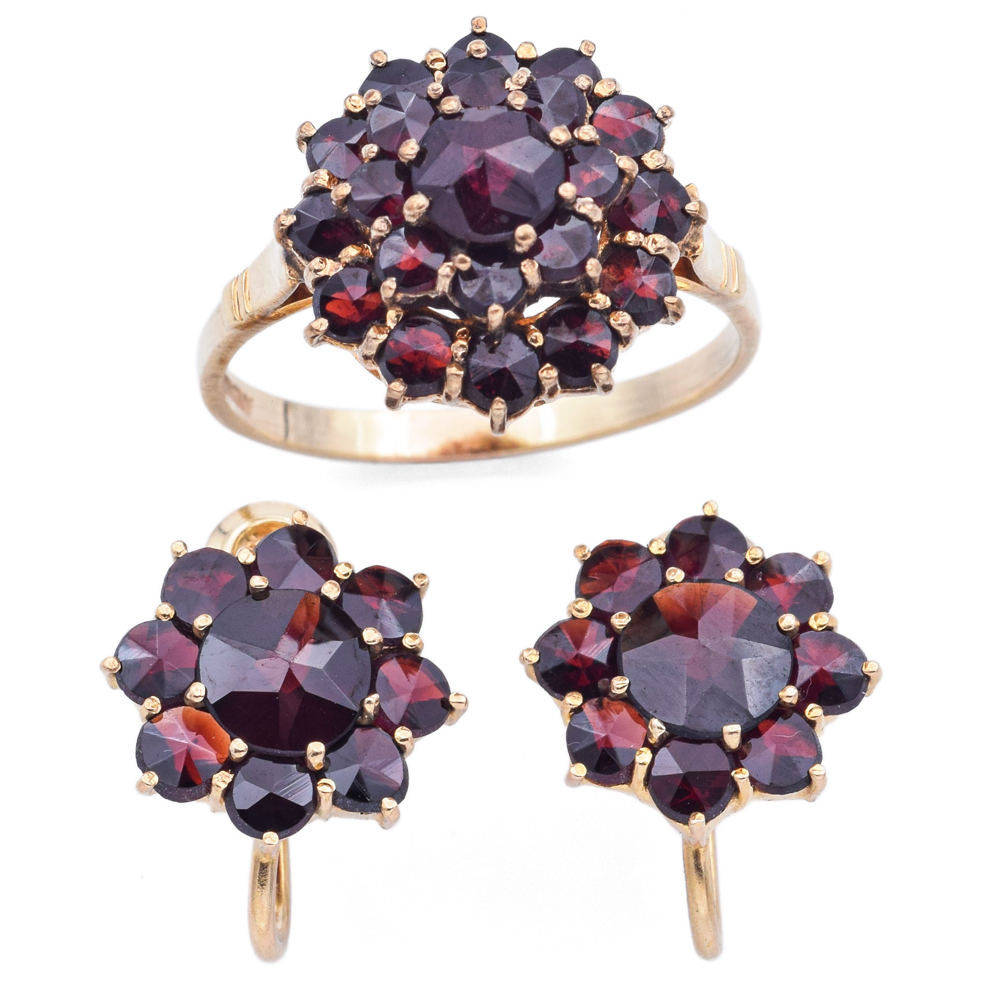 Vintage 10K Yellow Gold Garnet Ring & Screw-back Earrings Set