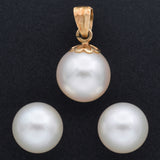 Vintage Pearl 18K Yellow Gold Pendant and 14K Yellow Gold Earrings Stud Set