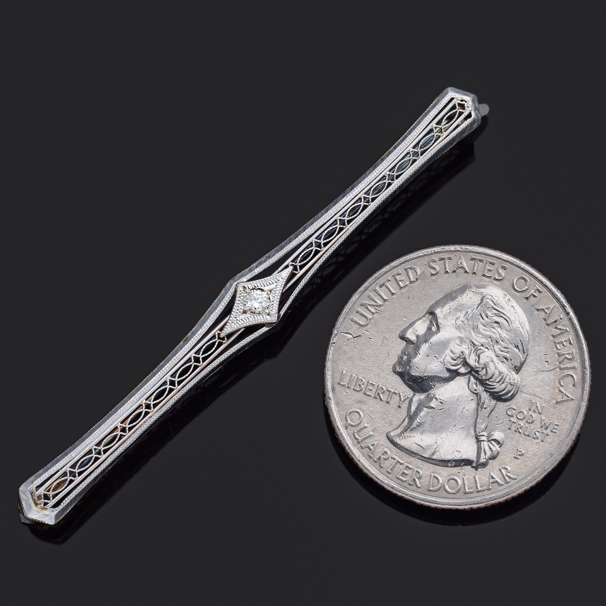 Antique 14K Yellow Gold & Platinum Diamond Bar Brooch Pin