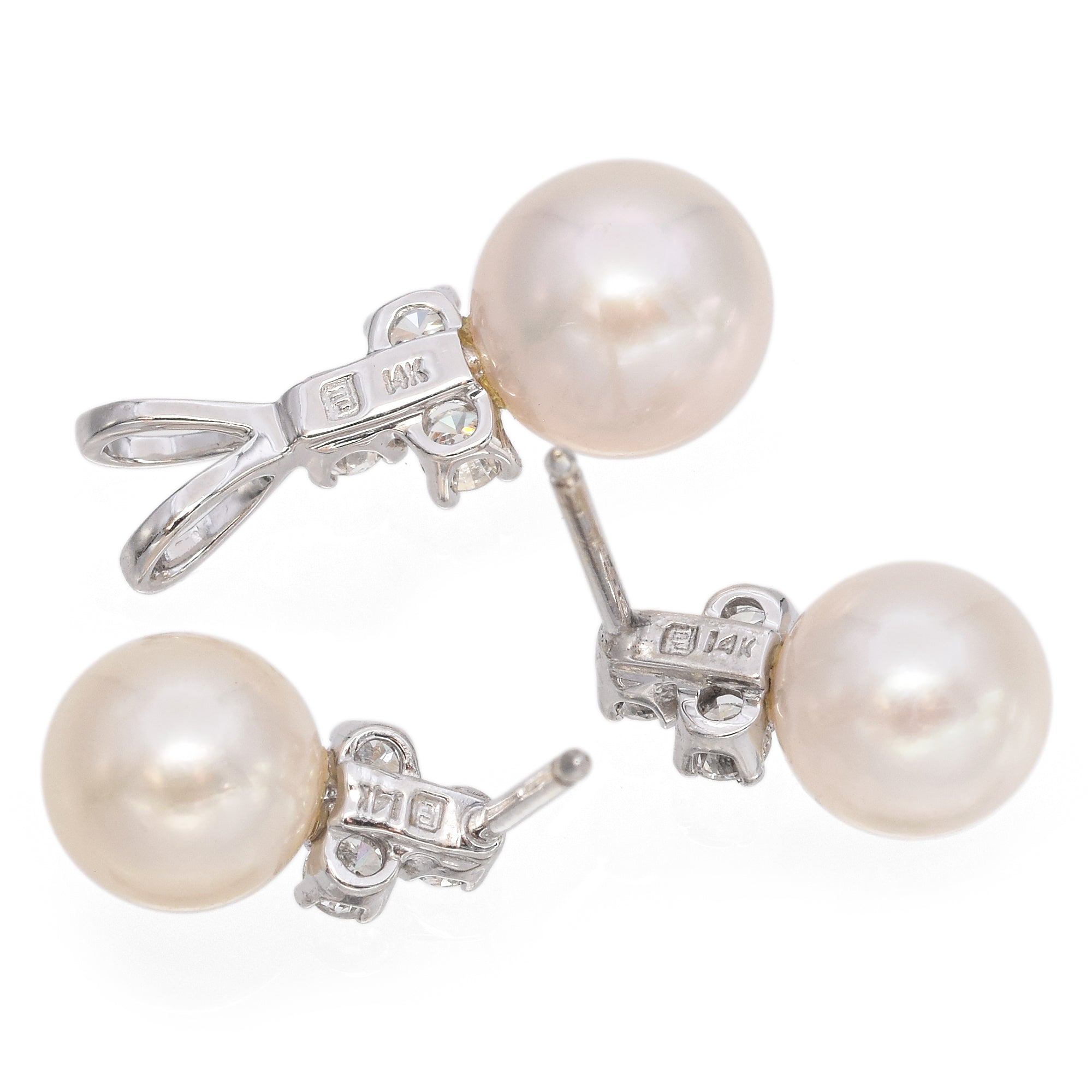 14K White Gold Pearl and Cluster Diamond Earring Set