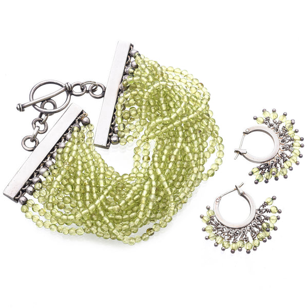 Vintage Sterling Silver Peridot Beaded Toggle Bracelet and Hoop Earrings Set