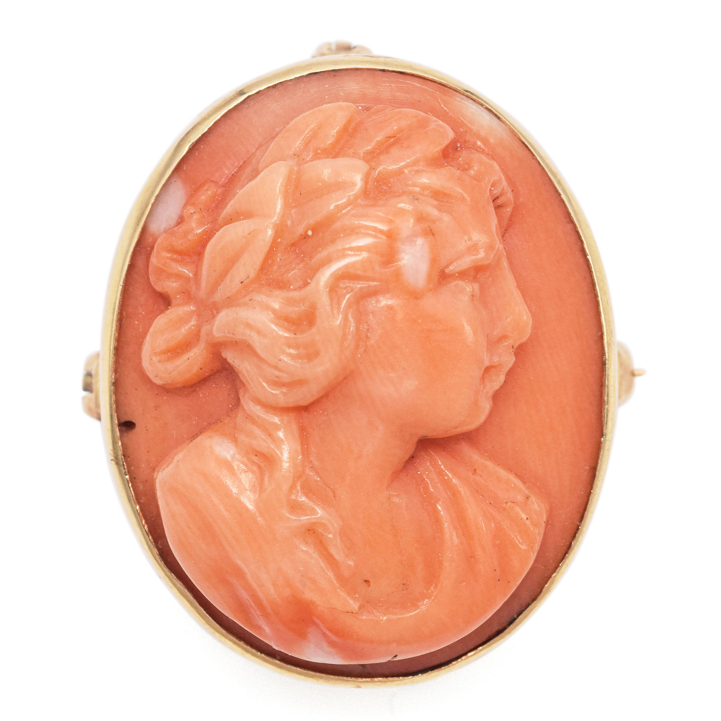 Antique 14K Yellow Gold Red Coral Cameo Brooch Pin Pendant