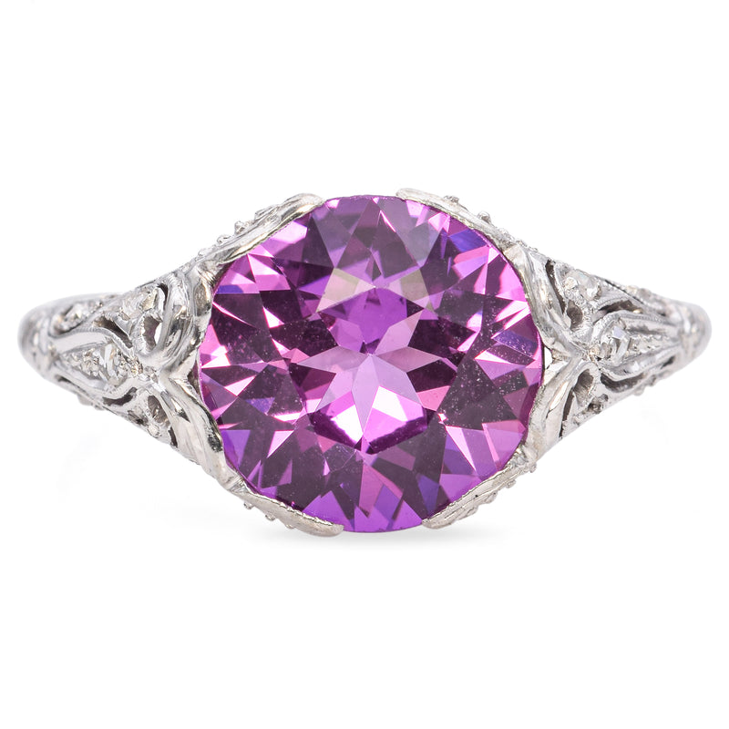 Vintage 18K White Gold 3.89Ct Pink Lab Sapphire and Accent Diamond Ring