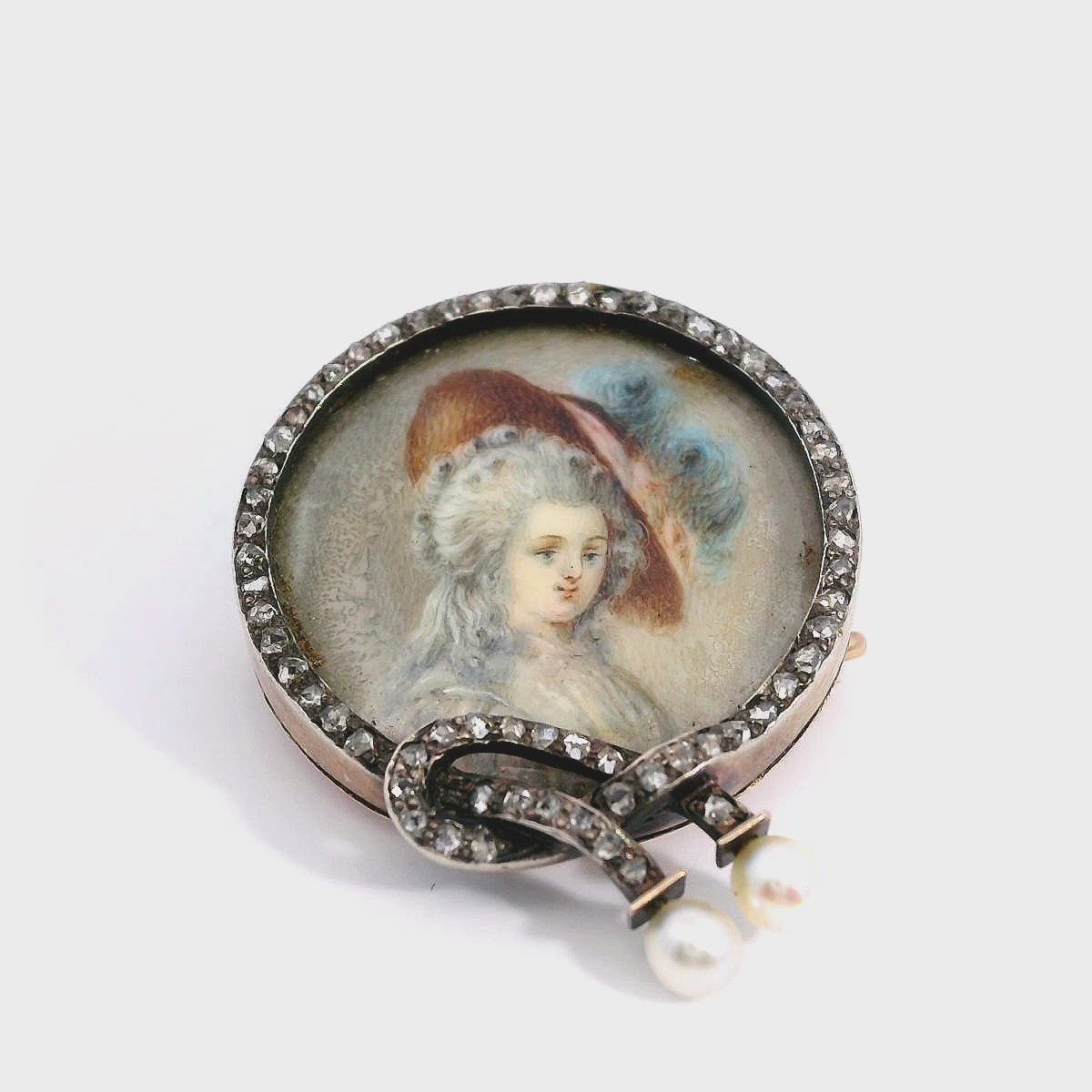 Antique Victorian Yellow Gold Miniature Portrait Brooch With Rose Cut Diamonds