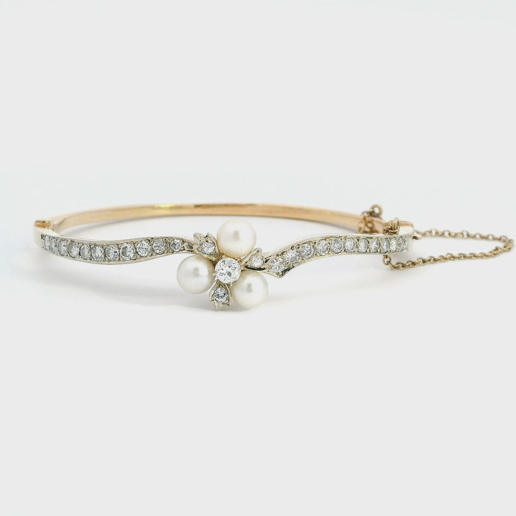 Antique 14K Yellow Gold Pearl & 0.94 TCW Diamond Hinged Bangle Bracelet