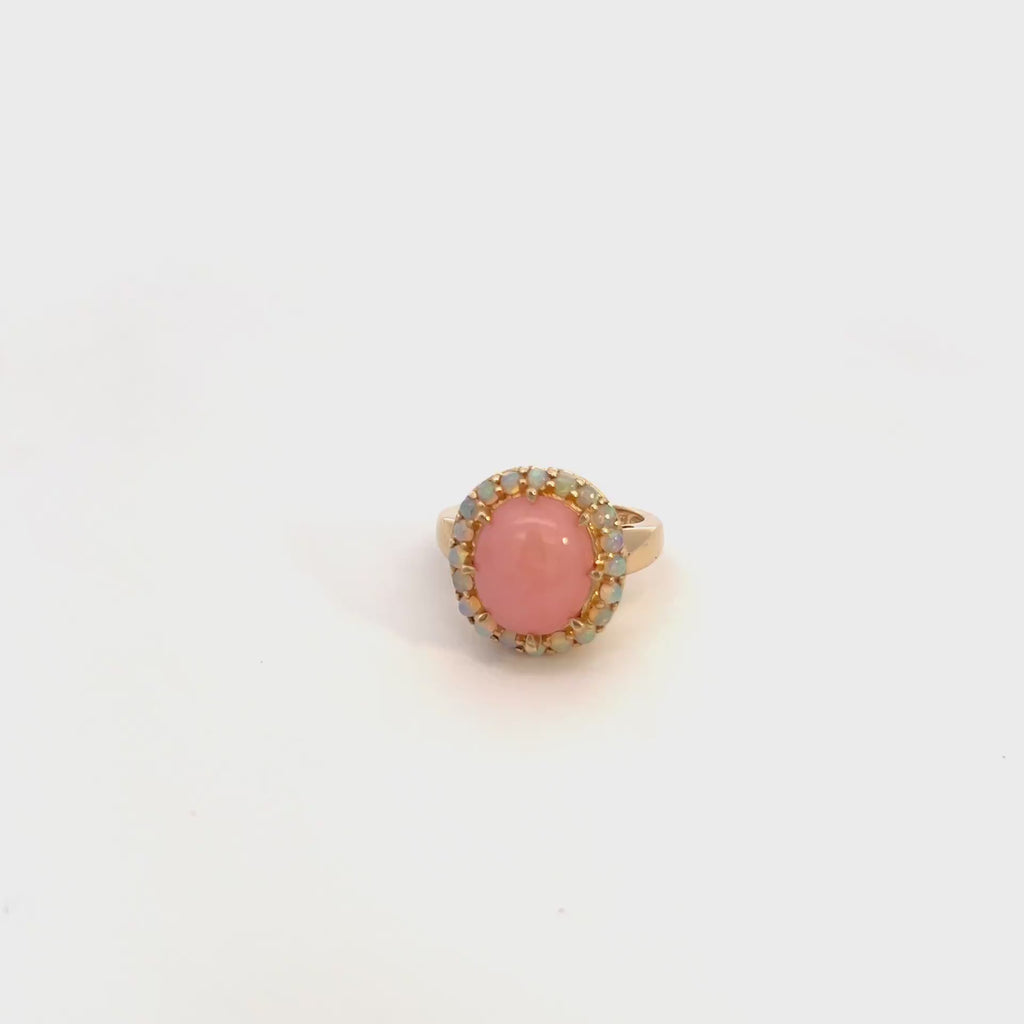 14K Yellow Gold 3.20 Ct Center Pink Opal Cocktail Ring Size 7