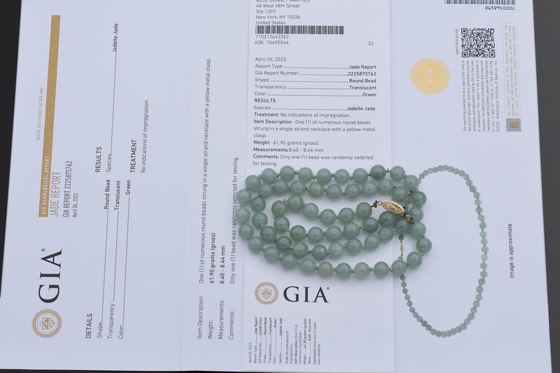 GIA 14K Yellow Gold Translucent Green Jadeite Jade Beaded Strand Necklace