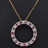 Vintage 10K Yellow Gold Ruby & Diamond Open Circle Pendant Necklace