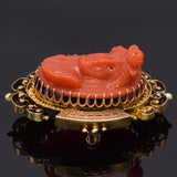 Antique 14K Yellow Gold Red Coral Cameo Brooch Pin Pendant 11.6Grams 38.0x30.3mm