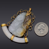 Vintage 14K Yellow Gold White & Brown Jade Large Carved Fruit Pendant 37.6 Grams