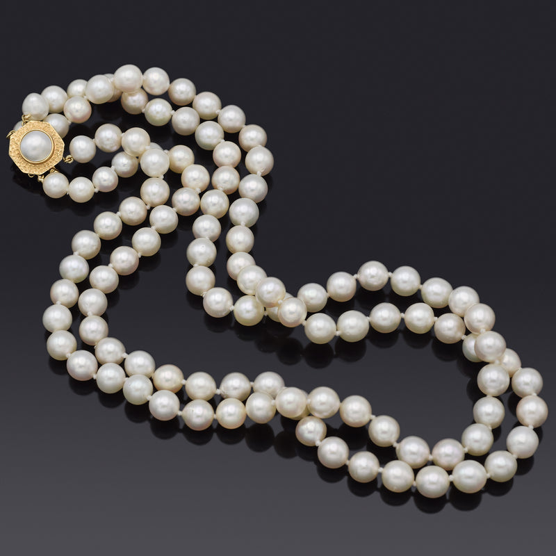 Vintage Double Strand Cultured Pearl Necklace with Gold Clasp