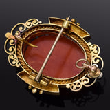 Antique 14K Yellow Gold Red Coral Cameo Brooch Pin Pendant 11.6Grams 38.0x30.3mm