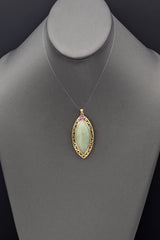 Vintage 14K Yellow Gold 21.57 Ct Green Jade & Ruby Large Marquise Pendant