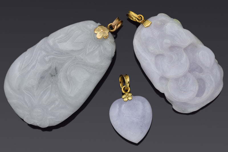 Lot of 3 Vintage 14K Gold Green Lavender Jade Carved Bat Fruit Heart Pendants