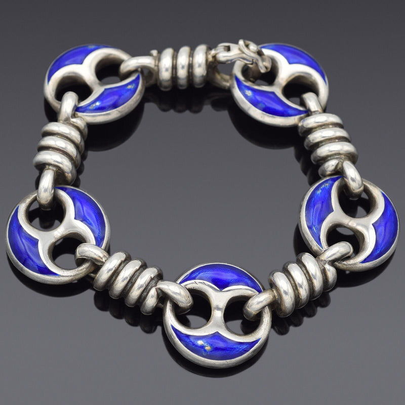 GUCCI 60s Sterling Silver & Blue Enamel Marine Link Bracelet