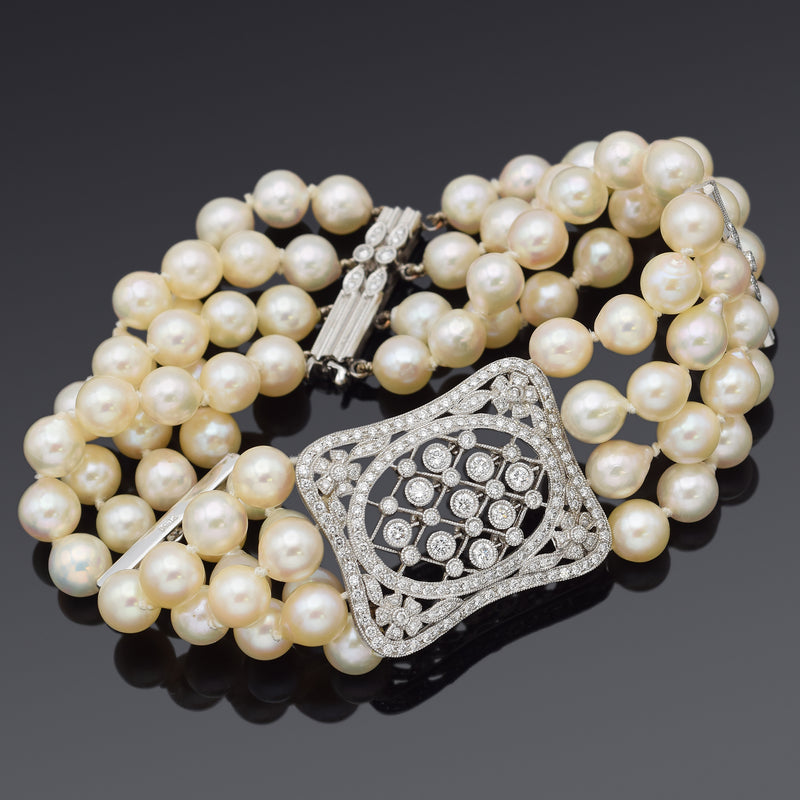 Estate Platinum Sea Pearl & 1.41 TCW Diamond Beaded Multi-Strand Bracelet