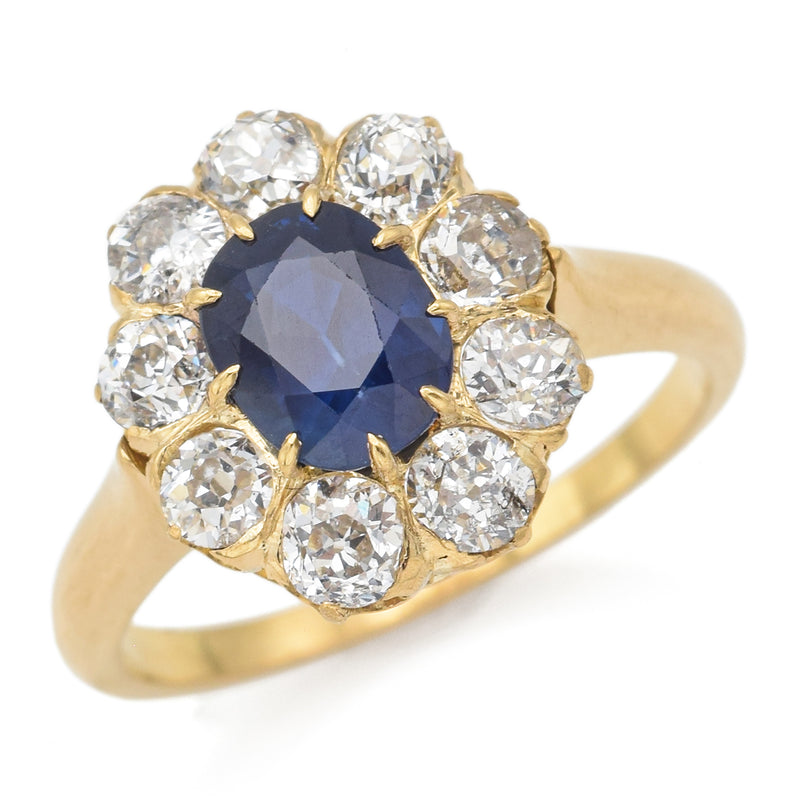 GIA Antique 18K Yellow Gold No Heat Sapphire & H/J VS-SI Diamond Ring