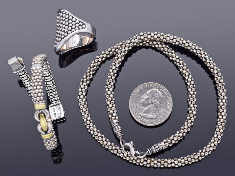 LAGOS Caviar Beaded Sterling Silver & 18K Gold Bracelet, Necklace & Ring Set