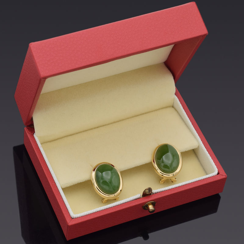 GUMP'S 14K Yellow Gold 17.10TCW Green Jade Oval Cabochon Omega-Back Earrings Box