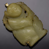 Antique 14K Yellow Gold Mutton Fat Jade Large Carved Nezha Deity Pendant