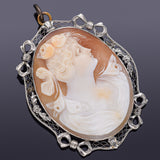 Antique 14K White Gold Cameo Shell Oval Brooch Pin Pendant 9.5G 43.2 x 34.2 mm