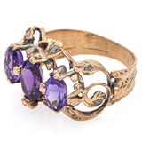 Antique 18K Yellow Gold Amethyst & Table Cut Diamond Band Ring Size 7