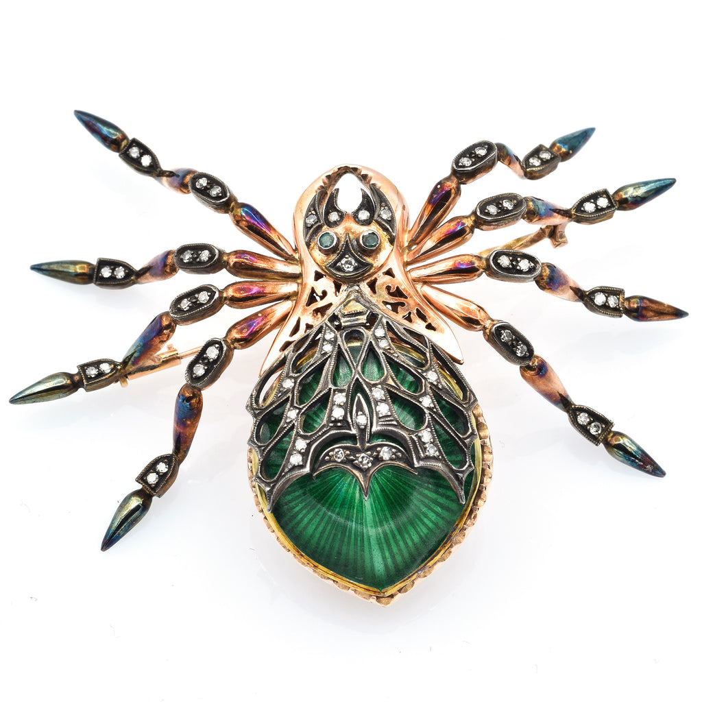 Antique Russian 14K Rose Gold Enamel Spider Brooch With Diamonds And E –  Blue Ribbon Rarities