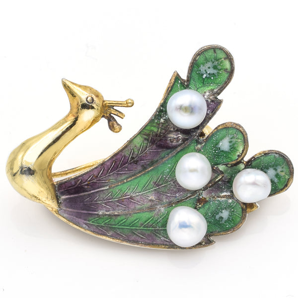 Antique Sterling Silver Vermeil Enamel Sea Pearl Peacock Pin Brooch