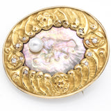 Antique 14K White & Yellow Gold Abalone, Sea Pearl, & Diamond Brooch