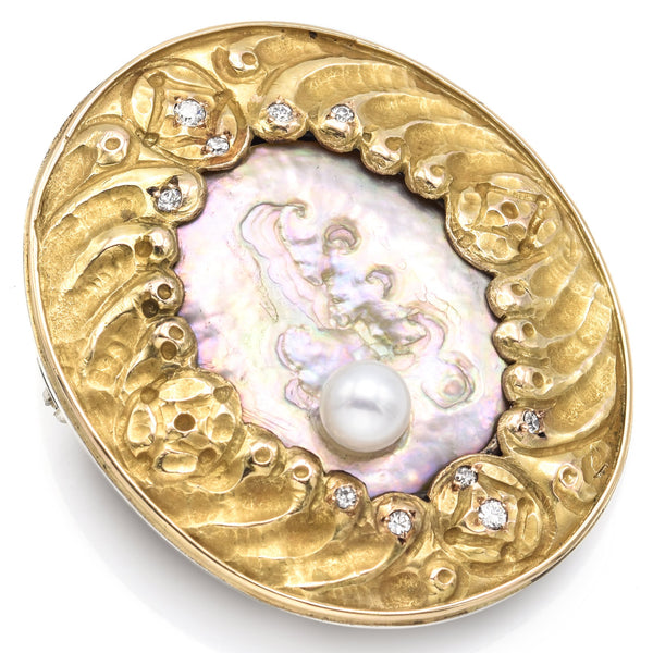 Antique 14K White & Yellow Gold Abalone, Sea Pearl, & Diamond Brooch