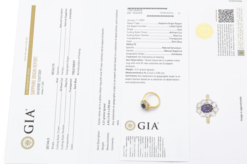 GIA Antique 18K Yellow Gold No Heat Sapphire & H/J VS-SI Diamond Ring