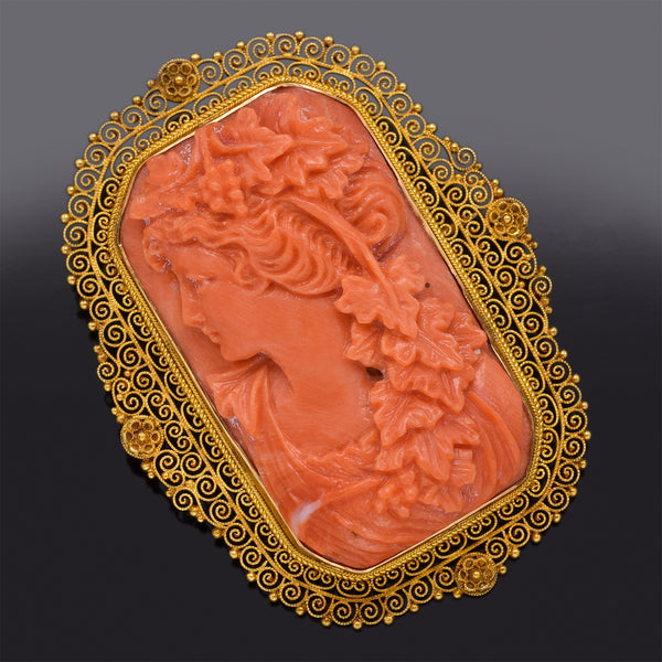 Antique 18K Yellow Gold Red Coral Cameo Brooch Pin