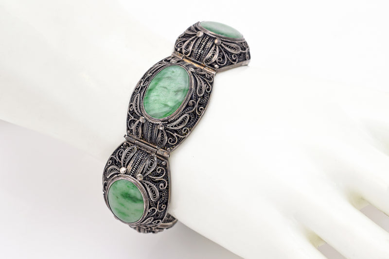 Vintage Chinese Silver Green Jade Filigree Bracelet 47.2 Grams