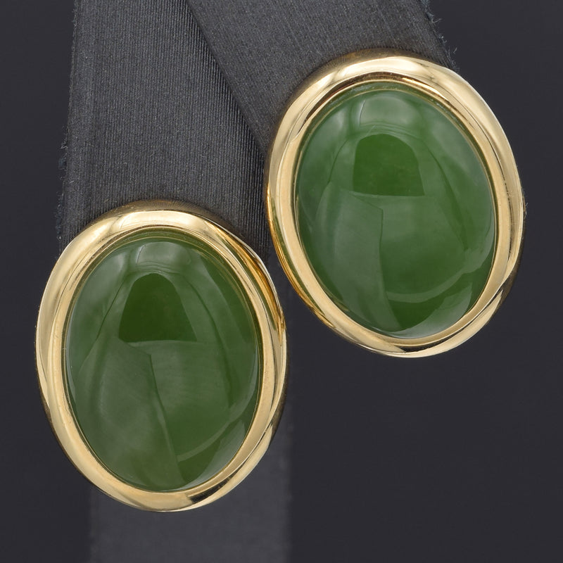 GUMP'S 14K Yellow Gold 17.10TCW Green Jade Oval Cabochon Omega-Back Earrings Box