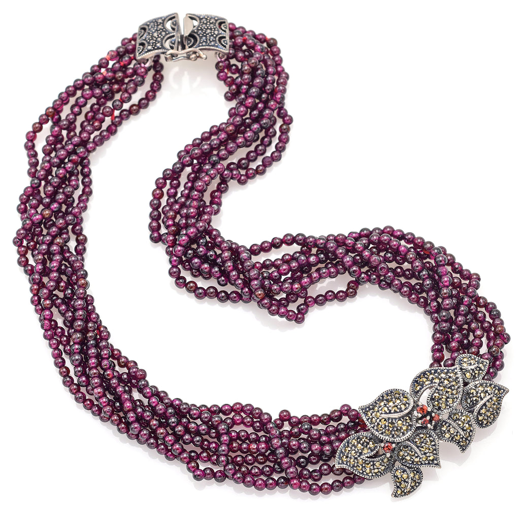 Vintage Judith Jack Sterling Silver Garnet Marcasite Multi-Strand Bead  Necklace